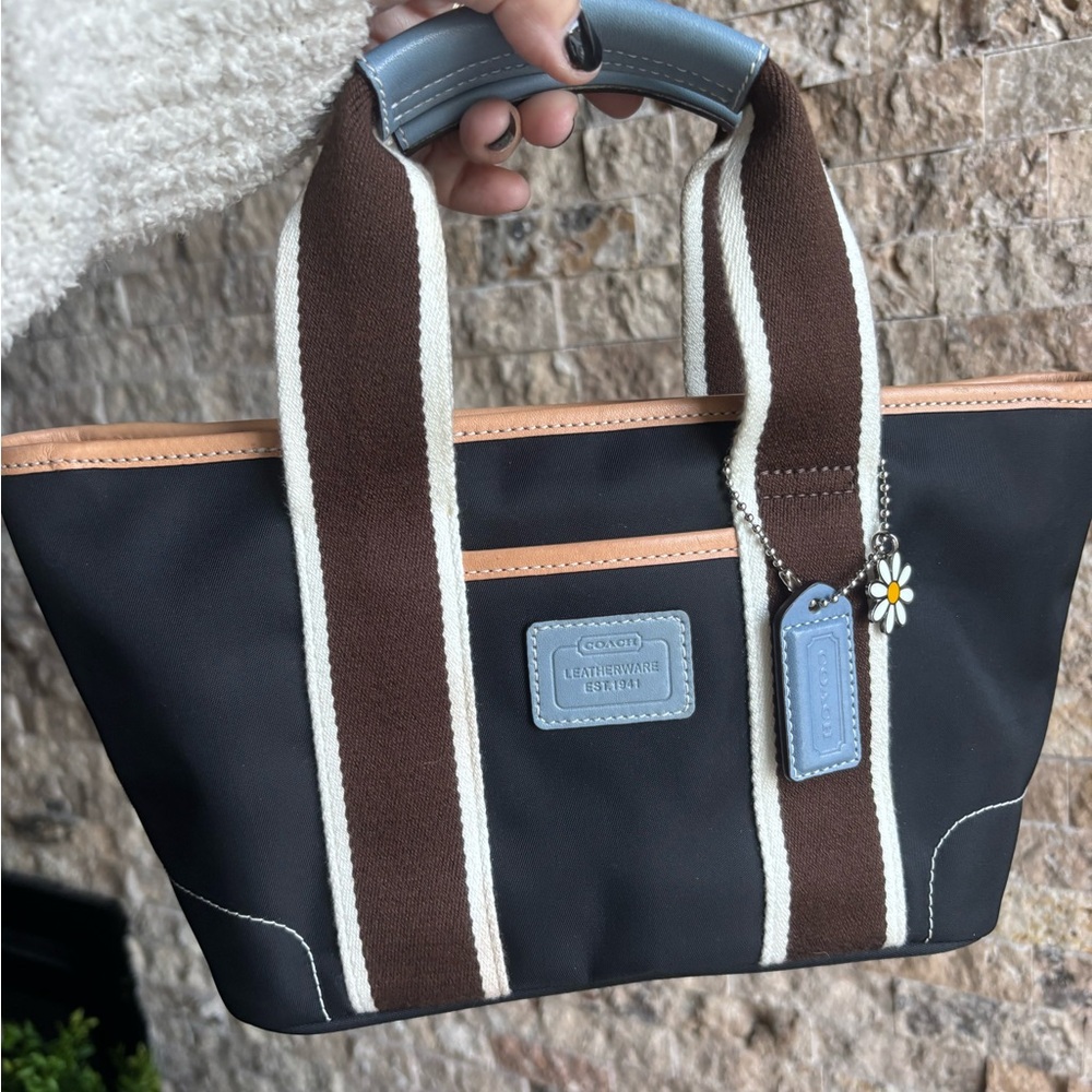 Coach Black and White Patterned Bag with Tan Trim
